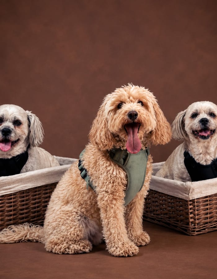 Dogs in wicker baskets — playful portrait session